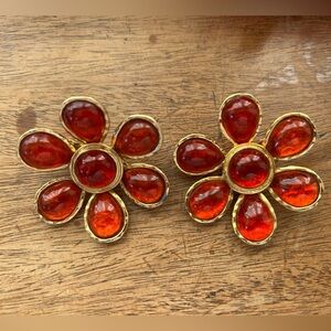 Red Floral Drop Earrings - Gold Frame